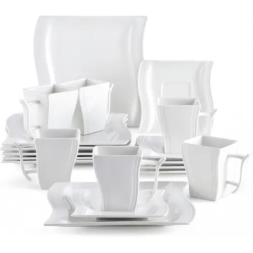MALACASA Flora Series Glossy Square Cream White Porcelain Dishes Set - 18-Piece Aesthetic Kitchenware for 6, Includes Cake Plates, 220ml Coffee Cups, Saucers & Cutlery (6 Each)