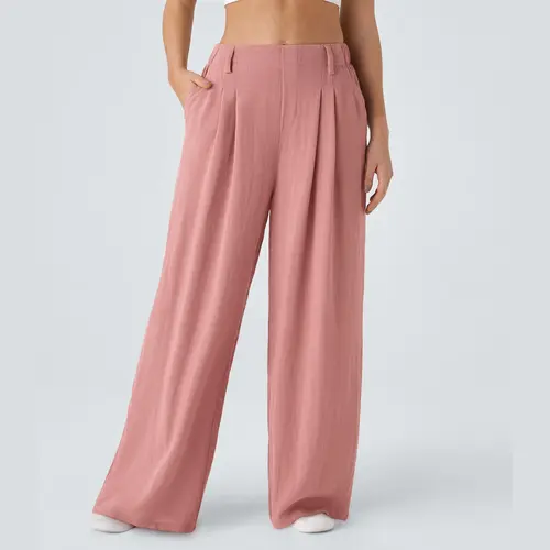 Halara High Waisted Pocket Wide Leg Flowy Solid Palazzo Casual Linen-Feel Pants #BackToSchool