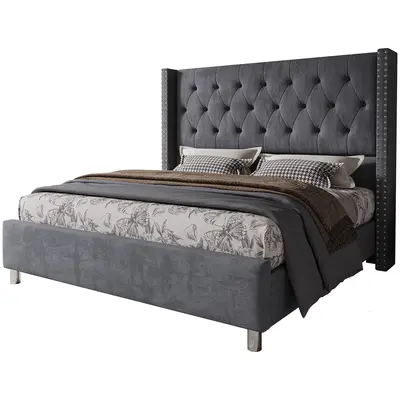 VanAcc Upholstered Bed Frame with 49.2" Tall Headboard, Modern Wingback Platform Bed, Low Profile Velvet Tufted Button, No Box Spring Needed #SohoChic