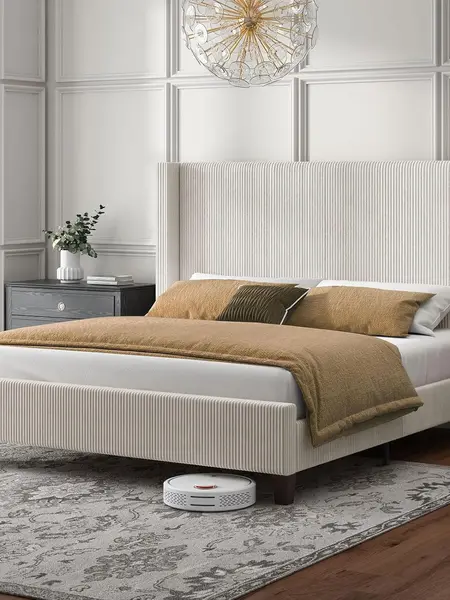 【Bed Frame Only】VanAcc Upholstered Platform Bed Frame, Wingback Bed with 50.8" Headboard, Modern Corduroy Design, Solid Wood Leg/No Box Spring Needed, Unique Bedroom Furniture #SohoChic