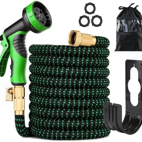 Expandable Water Hose Set (Multiple Lengths: 25/50/75/100FT, 3/4"/1/2" Swap Connectors) - Outdoor Heavy Duty 2500D Braided Layer, 4-Layer Latex Core, Brass Connectors, Nozzle, Storage Bag, Coil Shape for Garden Watering, Car Wash