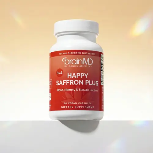 Happy Saffron Plus | BrainMD | 90 Capsules | Powerful 3 in 1 Mood & Stress Support | Memory & Focus Support | Affron Saffron Extract with Curcumin & Zinc