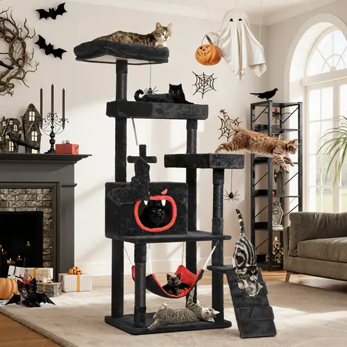 Yitahome Gothic-Christmas Cat Tree with Coffin Bed, Generous Plush Perch for Naps, Spacious Cat Condo, Comfy Hammock, Multiple Sisal Posts for Claw Care, Ladder