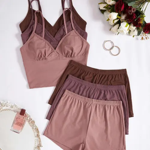 Women's Basic Solid Color Crop Cami Top & Medium Elastic Waist Shorts Pyjama Set, Casual Comfy Chic Spaghetti Strap Camisole & Shorts Pj Set, Ladies Summer Sleepwear #GLOBAL PICKS