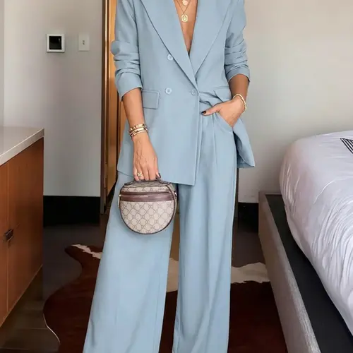 Two-piece Set Women's Solid Double Button Lapel Neck Blazer & Plicated Pants, Long Sleeve Outerwear & Trousers for Work Office Business, Ladies Fall & Winter Clothes,Business Casual Outfits