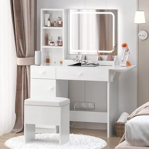 IRONCK LED USB Illuminated Makeup Vanity Desk for Female, Sturdy Stable Stand-Alone Bedroom Furniture with Power Outlet, Drawers, Cabinet, Storage Stool & Storage (Ideal for Wife)