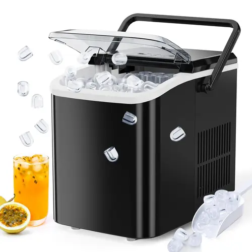 Sweet Furniture S-Countertop Ice Maker, Portable Ice Machine Self-Cleaning with Ice Scoop, Basket and Handle, 9 Cubes in 6 Mins, 26.5lbs/24Hrs, 2 Sizes of Bullet Ice, Kitchen Appliance for Home Kitchen Office Party,home essentials