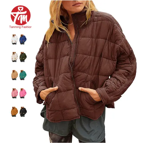 Tanming Women's Cute Preppy Retro Casual Quilted Puffer Jacket - Lightweight Packable Mid-Length Loose Fit Coat with Zipper, Snap Button Cuffs, Split Hem, Long Sleeves for Work & Outdoor Wear