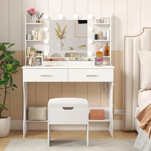 Lifewit 31.5"/35.4"/38.6" Vanity with Mirror, Adjustable Brightness, Makeup Desk with 2 Drawers & Stool for Bedroom Bathroom Makeup Room Mothers Day Gifts,summerwins,dorm essentials,home decor