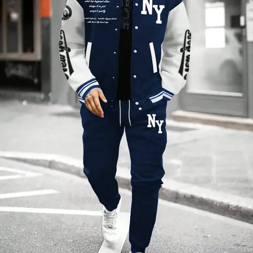 Two-Piece Set Men's Colorblock Letter Print Button Front Jacket & Drawstring Waist Sweatpants, Regular Fit Casual Long Sleeve Outerwear & Pocket Jogger Pants, Men's Outfits for Fall & Winter, Outfit Sets, Casual Clothing Set
