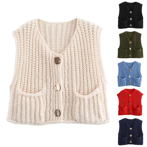 Tanming Women's Knitwear Crop Vest - Basic, Sweet Chunky Crochet Sleeveless Button-Front Cardigan Tops with Side Pockets for Daily Wear