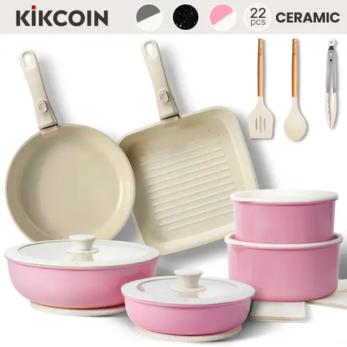 [SGS Certified]Kikcoin Ceramic Pro Non-Stick complete pots and pans set 22pcs Non-Toxic PFOAFree,Dutch oven,Cookware Set with Lids Detachable Handle,RV cook,Multifunctional,Healthy,milk pan,Roast Chicken Outdoor,,Easy Care,Kitchen,Mother’s Day gift tikt,