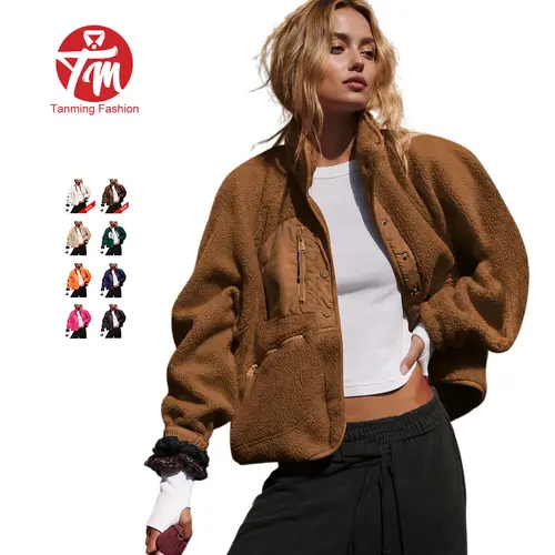 Tanming Women's Sherpa Button-Down Fuzzy Fleece Patchwork Bomber Jacket - High Neck, Long Sleeve, Minimalist Polyester Shacket Teddy Coat Tops Outerwear (Black Friday TikTokShop)