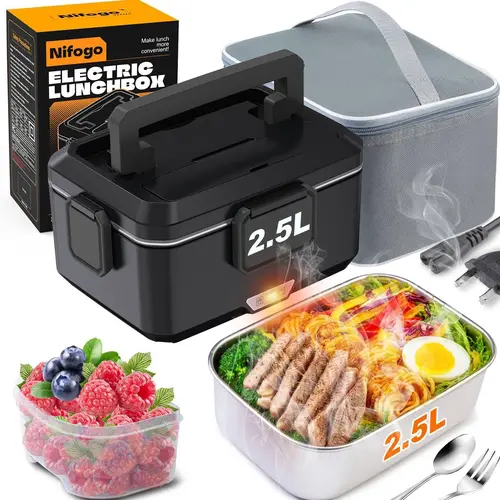 Nifogo Plug-In Electric Food Warmer Lunch Box - 110V/12V/24V Heat Retention Container with Tableware, Dish Cloth, Carry-Ready Bag, for Home & Office to Heat & Enjoy Meals