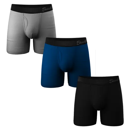 Shinesty Ball Hammock® Pouch Underwear with Fly 3 Pack Men’s Boxer Briefs Supportive,Moisture Wicking,Breathable Underwear Multi-Pack,Modal Fabric, 6” Inseam,Compression Fit,Grey,Blue,Black Colored,Anti-Ride Up,Anti-Bunch,Very Soft,Best Men's Underwear
