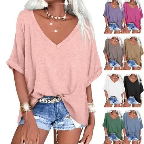 Imily Bela Women's Oversized T Shirts V Neck Short Sleeve Summer Casual Loose Tops Tees Tshirt Elastic Basic Womenswear Jacket Skirt