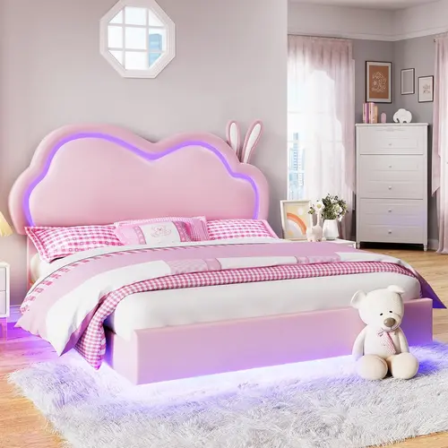 Amerlife Floating Leather Upholstered Platform with LED Adjustable Headboard, Wood Slats Support, Easy Assembly Required, No Box Spring Needed, Pink or White Bedroom Furniture, Built-in LED Light Bed Frames #SohoChic