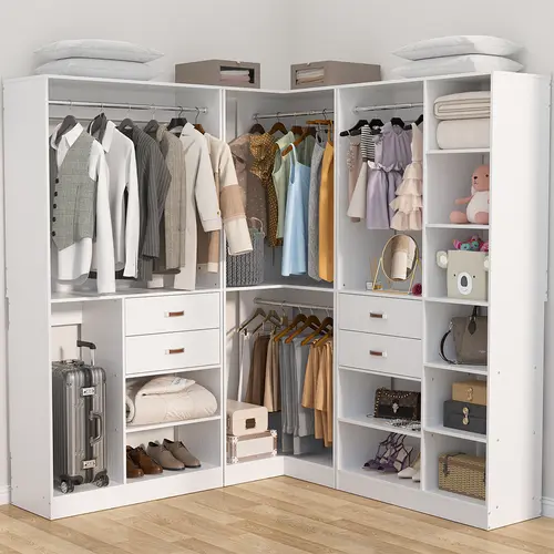 71"-110" Stable Freestanding Corner Wardrobe Closet Armoire Set - Wooden Drawers, Hanging Rod, Reversible Walk-In Design, Storage Shelves, Anti-Fall Gasket for Corner Closet System Organization Ideas & Setup Inspo,sohochic