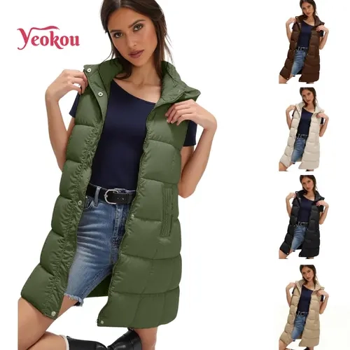Yeokou Women's Long Nylon Padded Puffer Vest - Casual Lightweight Fitted Sleeveless Outerwear with Removable Hood, Zipper, Pockets, Classic Athletic Solid Design,sohochic
