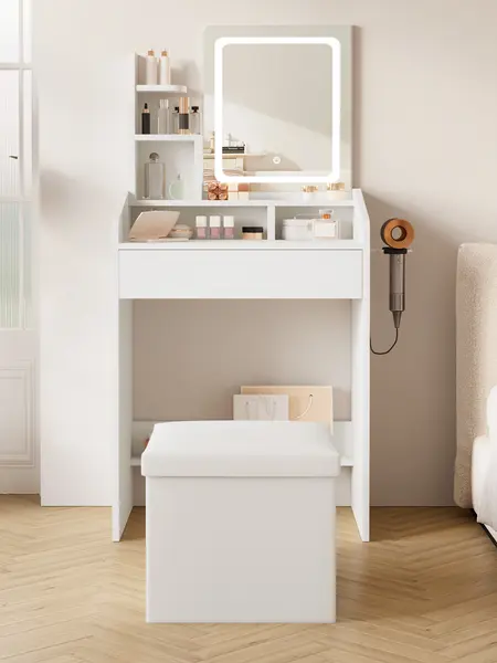 [backtoschool] WeCharmer Vanity Desk Set with Round Mirror, Vanity with Lights, Makeup Vanity with Mirror, 3 Lighting Modes, for Bedroom Furniture Table Storage Drawer Modern Design Organizing