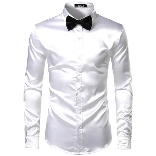ZEROYAA Men's Luxury Shiny Silk Like Satin Button Up Dress Shirts Soft Polyester Fabric 4th of July Shirt for Men Casual Business Wear Black Long Sleeve