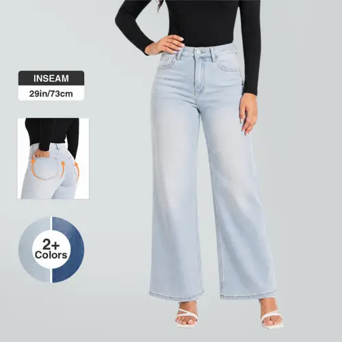 Camila BlueMoment Stretchy BBL Jeans High-waisted Wide Leg Denim No Distressing Baggy Pants Tummy Control Butt Lifting Jeans with Pockets Fall Fashioin Daily Outfits M042701