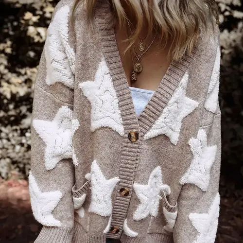 Women's Star Jacquard Button Front Pocket Knitted Cardigan, Casual Drop Shoulder Long Sleeve V Neck Knitwear for Fall & Winter, Fashion Ladies' Knit Clothing for Daily Wear Womenswear