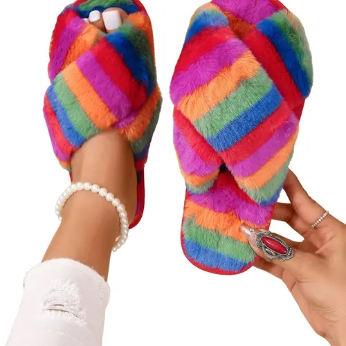 Women's Rainbow Stripe Plush Slippers, Soft Cushioned Cozy House Slippers for Indoor/Outdoor, Fall & Winter, Trendy Casual Warm Slippers, Soft Rubber Slippers