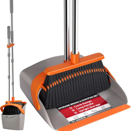 Broom with Dustpan Combo Set, Large Upright Brooms and Dust Pans with 52" Long Handle, Self-Cleaning with Dustpan Teeth. Perfect for Indoor Outdoor.