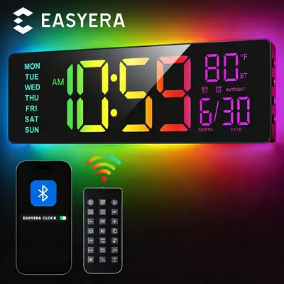 <Spookyseason>EASYERA 16.5" & 12" & 10" Large Digital Wall Clock with BT Sync, RGB Lights with 11 Scenes Mode Remote Control, Big LED Clock with Dual Alarms, Auto DST, Temperature for Classroom Gaming, Office, LivingRoom, Kitchen, Halloween Decor, Gift