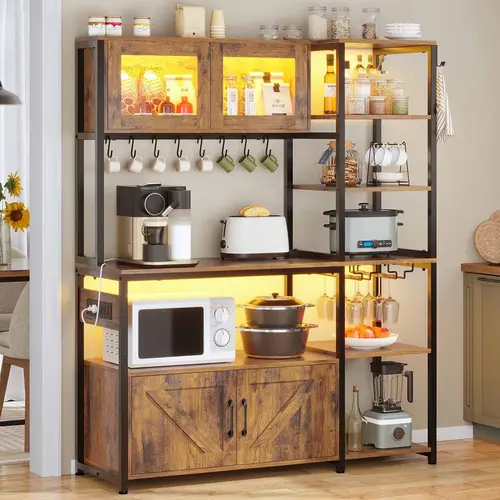 Sikaic 45.3 Inches Farmhouse Coffee Bar Bakers Rack with Power Outlet and LED Light Cabinet Kitchen with Storage Bookshelf Microwave Stand, Home Furniture Christmas Gifts [SohoChic]