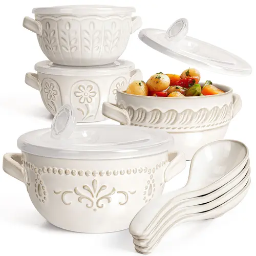 Artena Raised Embossing Adds Artisanal Charm Large French Onion Soup Bowls Set of 4 (20oz Ergonomic Ceramic Soup Crocks with Lid+Spoon, Handles), Oven-Microwave-Dishwasher Safe Tableware Plateset for Cozy Dinners
