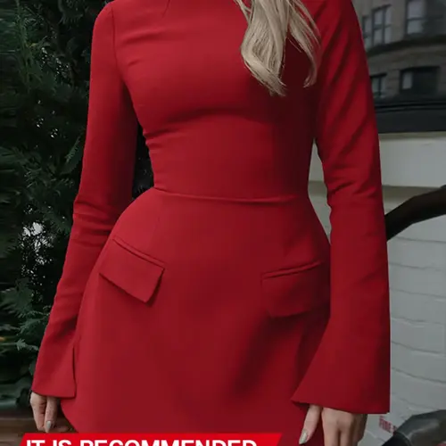 Women's Plain Split Flounce Sleeve Flap Detail A Line Dress, Elegant Chic Long Sleeve Stand Collar Short Dress for Party Holiday Wedding Guest, Ladies Spring & Fall Clothes, Fit, Womenswear, Dresses for wedding