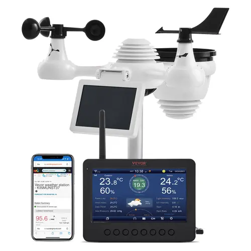 【toolupgrade】VEVOR 7-in-1 Wireless Weather Station with Wi-Fi 7" TFT Colorful DisplaySolar-Powered Outdoor SensorIndoor & Outdoor MonitoringIncludes TemperatureHumidityWind Speed/Directionand Rainfall, Solar Wireless Thermometer, Wifi Wireless Thermome, R