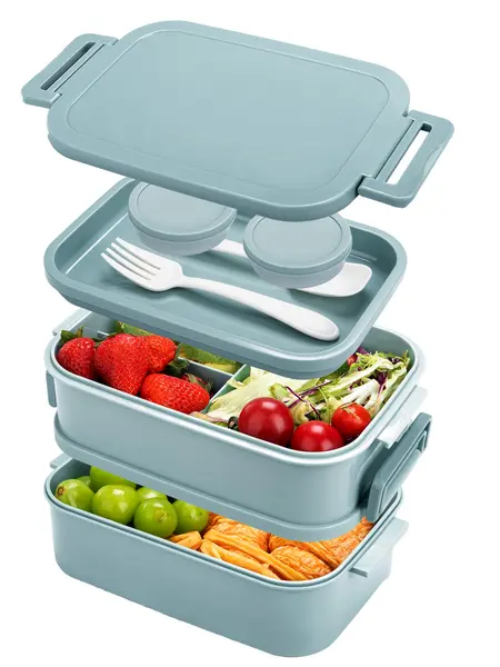 Geometric Stackable Adult 3-Tier Polypropylene Leakproof Bento Box - Large Capacity Lunch Box with Fork, Spoon, Sauce Container, Microwavable Food Storage for Office Meal Prep, Lunch Boxes, Bento Box Lunch Ideas
