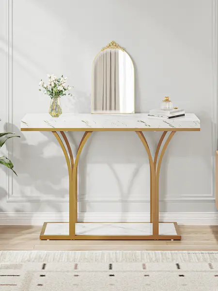 Yitahome Gold Console Table with LED Lights, White and Gold Entryway Table, Modern Narrow Sofa Side Foyer Accent Table with Faux Marble Top Luxury for Living Room