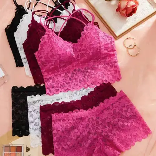 Women's Contrast Lace Backless Wireless Bra Bralette & Panty Underwear Set, Sexy Comfy Breathable Fitted Pink Glamour Two Piece Lingerie Set for Daily Wear, Underwear Set for Women