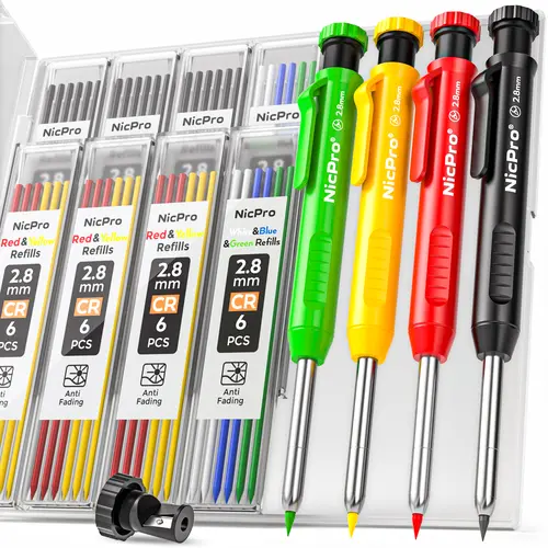 Nicpro 4-Pack 2.8mm Mechanical Carpenter Pencils with Sharpener, 52 Refills & Color Marker Set for Architect Marking, Heavy-Duty Woodworking Office Stationery