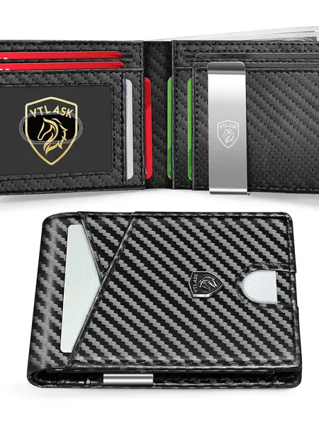 VTLASK 2026 Slim Bifold Men's Wallet - RFID Blocking Carbon Fiber & Minimalist Leather, 11 Card Slots, Western Wallet, Anti-Scratch, Cash Pouch Keeps Bills Tidy, Accessories for Adults, Gifts for Boyfriends, Black with Gift Box, Western Wallets, Accessori
