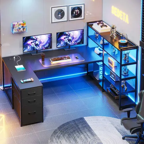 Sikaic 64.5 Inches Reversible U Shaped Desk with Storage Shelves & 3 Drawers Power Outlet LED Strip Ergonomic Computer Desk Adjustable Monitor Mount, Home Furniture Christmas Gifts [SohoChic]