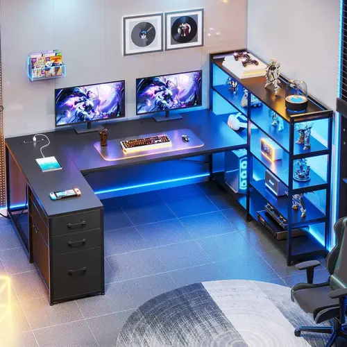 SIKAIC 64.5-Inch Adjustable Modern Reversible L-Shape Gaming Desk (Left/Right Flip) - RGB Lighting (60000+ Colors), Music Sync, Fabric Drawers, 5-Tier Shelf Storage, Charging Station, On-Off Switch, Remote Control, App Compatible, Man Cave Furniture