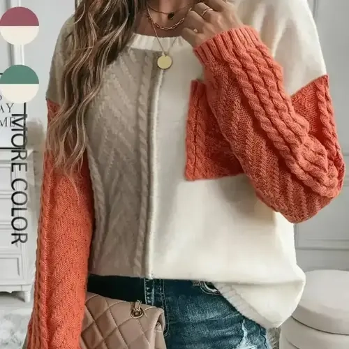 Women's Patchwork Striped Pullover Sweater, Fall Winter 2026 Set, Basic Drop Shoulder Style with Front Pocket, Casual Party Wear