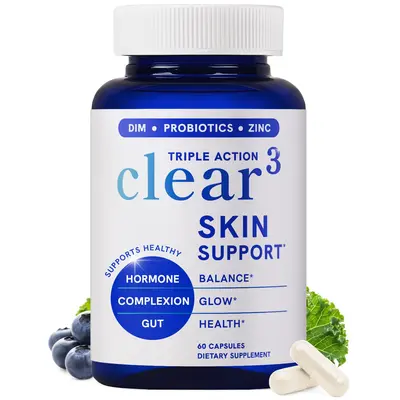Clear Skin Acne Supplement with Zinc, DIM & Probiotics | 3-in-1 Balance, Clarify, Restore Support with Hyaluronic Acid & Skin Support Vitamins | For Women & Men | Oral Hormonal Acne Pills