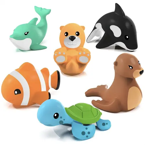 Tub Works Mold-Free Infant Bath Toys, 6-Pack Unisex Soft Squeezable Marine Characters (Clownfish, Orca, Sea Otter) - Sealed No-Hole, Floats, BPA-Free, Non-Toxic PVC - Bathtime Fun for Ages 6 Months+