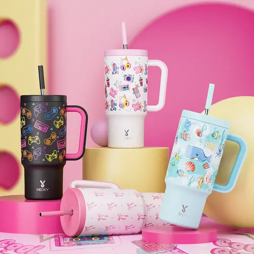 【Meoky】Insulated Vacuum Tumbler Flask Water Bottle - 24oz (500-1000ml) BPA-Free Stainless Steel, Portable, Leakproof, Handle for Carry, Straw, Stripes, Car-Ride Ready, Temp Stays Longer for Boys, Travel, School,sohochic