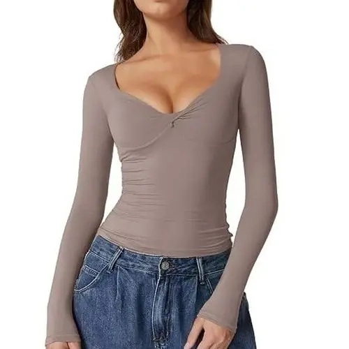 QINSEN Womens Long Sleeve Twist Front V Neck T Shirts Double Lined Slim Fit Trendy Top Tee