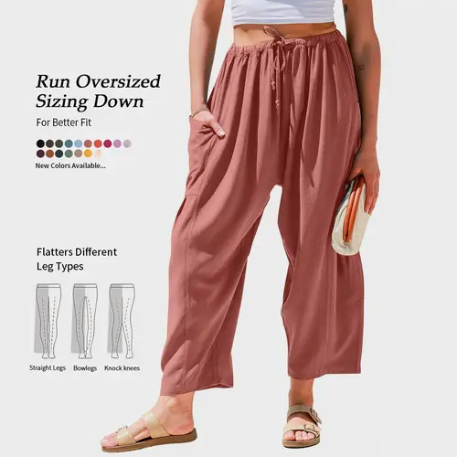 TARSE Womens Linen Blend Wide Leg Pants Casual Loose Fit Beach Palazzo Harem Pants with Pockets Spring Summer Style