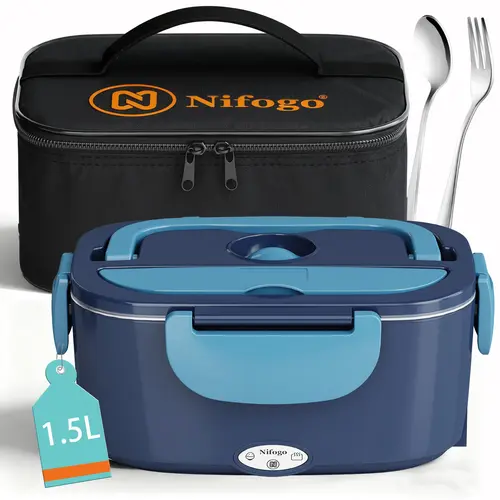 Electric Heating Lunch Box - 100W Portable On-the-Go Leakproof Lunch Container (1.5L & 1.8L Stainless Steel), 12V/24V/110V for Car/Truck/Work, Includes Cutlery & Bag for Healthy On-the-Go Use