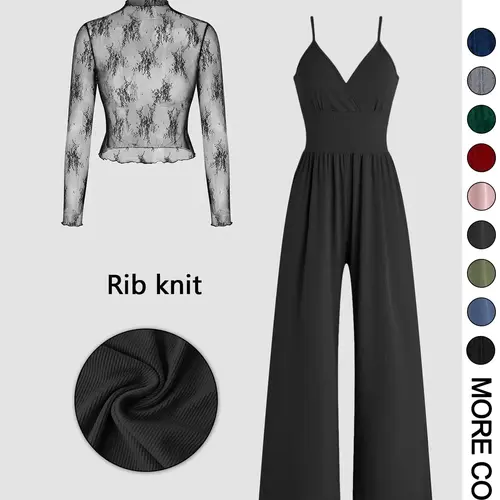 Valentine's Day Women's Basic Solid Color Knitted Lace Tee & High Waist Pocket Jumpsuit Two-piece Set, Elegant, Spaghetti Strap, Casual Fitted Zipper Back Cami Jumpsuit & Long Sleeve Top for Daily Outdoor Wear, Womenswear for Spring & Fall Outfit