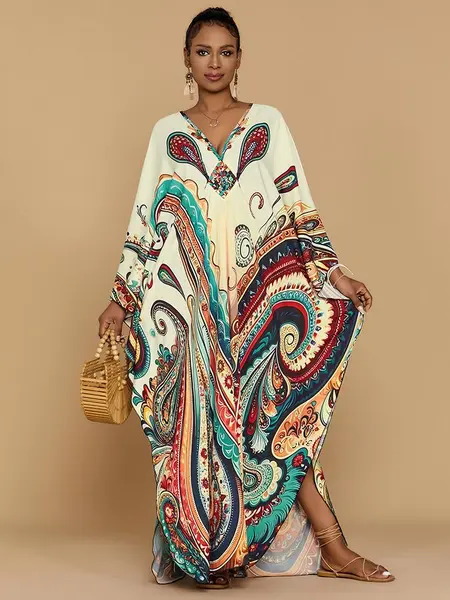 Bsubseach Women's Ethnic Print Kaftan Dress Plus Size All Over Print Sleeve Tunic Dress Boho Casual V Neck 3/4 Sleeve Tunic Dress for Women Mrs Roper Kaftan Bubu Mumu Casual Womenswear Summer Bohemian